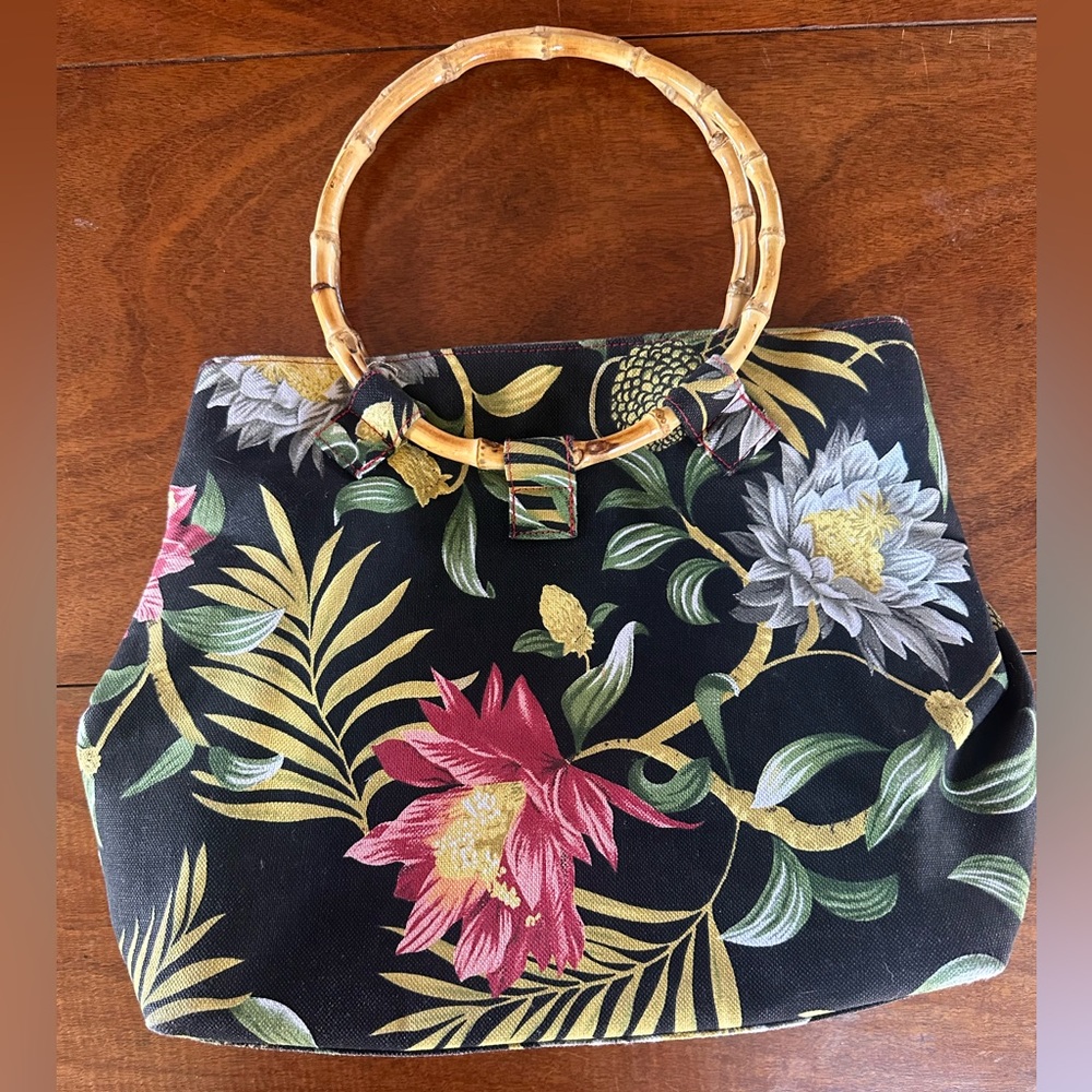 Bagulous Bamboo Handle Purse Tropical Floral Canvas Resort Style Bag